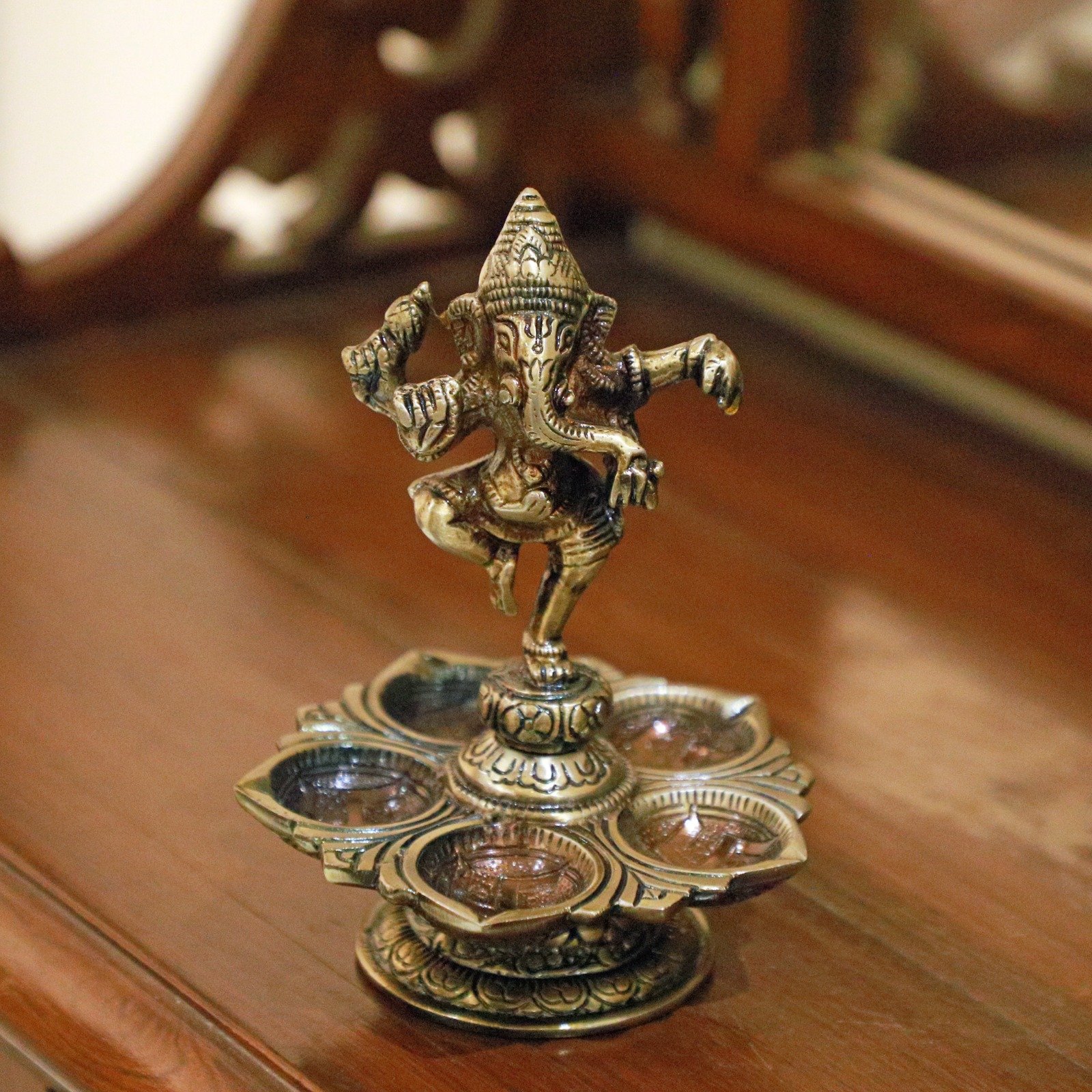 Artistic Brass Dancing Ganesha Diya with Multiple Oil Holders