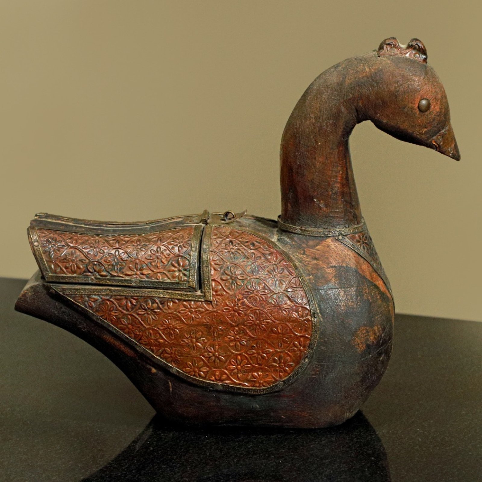 Handcrafted Wooden Bird Box with Intricate Brass Floral Detailing