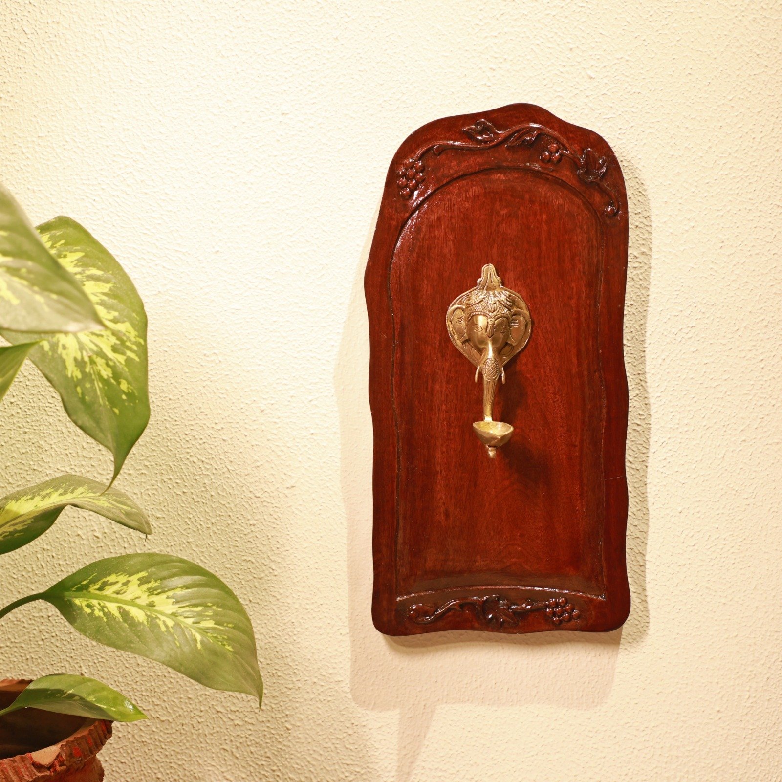 Handcrafted Wooden Frame with Brass Ganesha Diya with Bell: Wall Art Home Decor Gift - Image 2