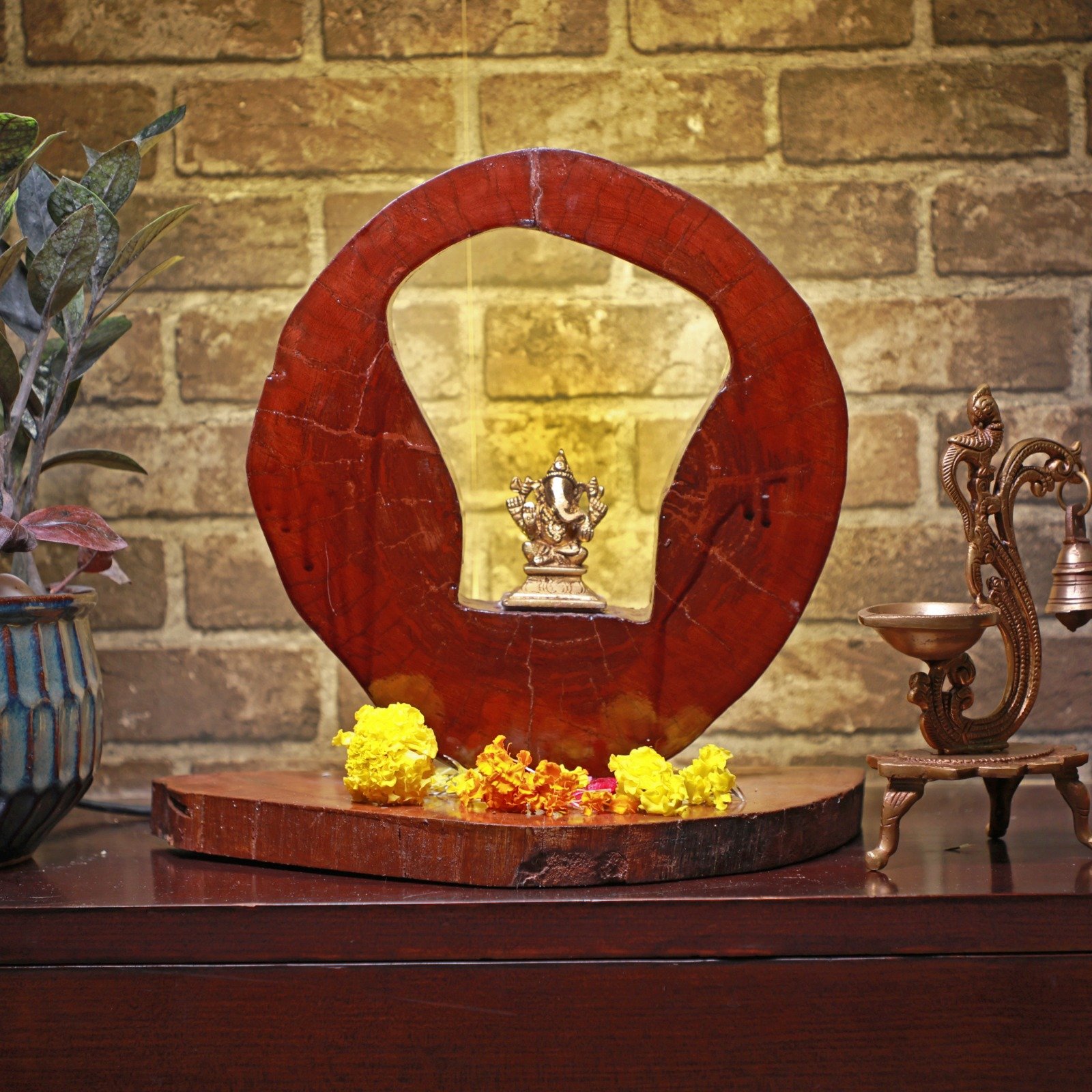 Handcrafted Wooden Halo Frame with Brass Ganesha Idol