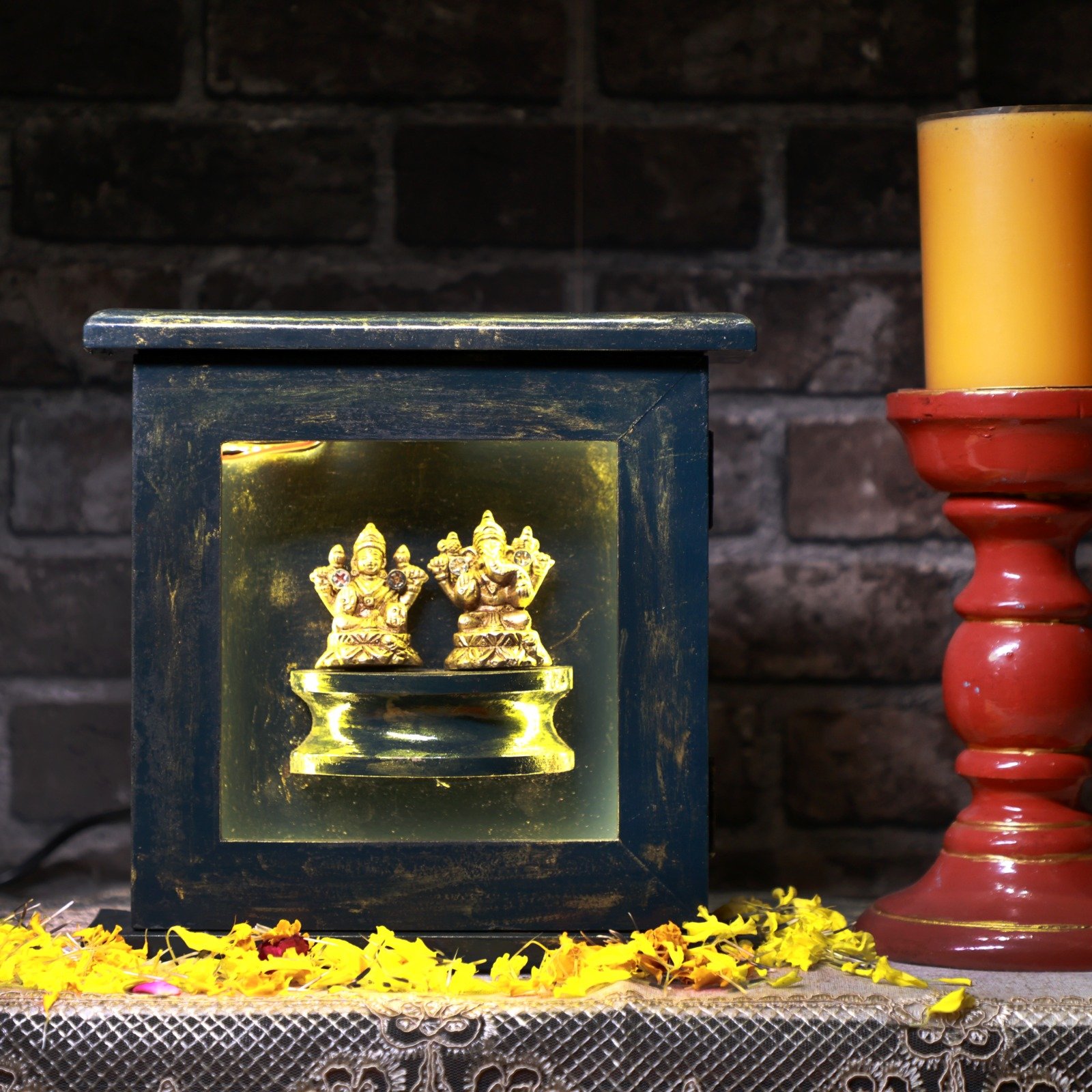 Handcrafted Wooden Light Box with Brass Lakshmi Ganesha