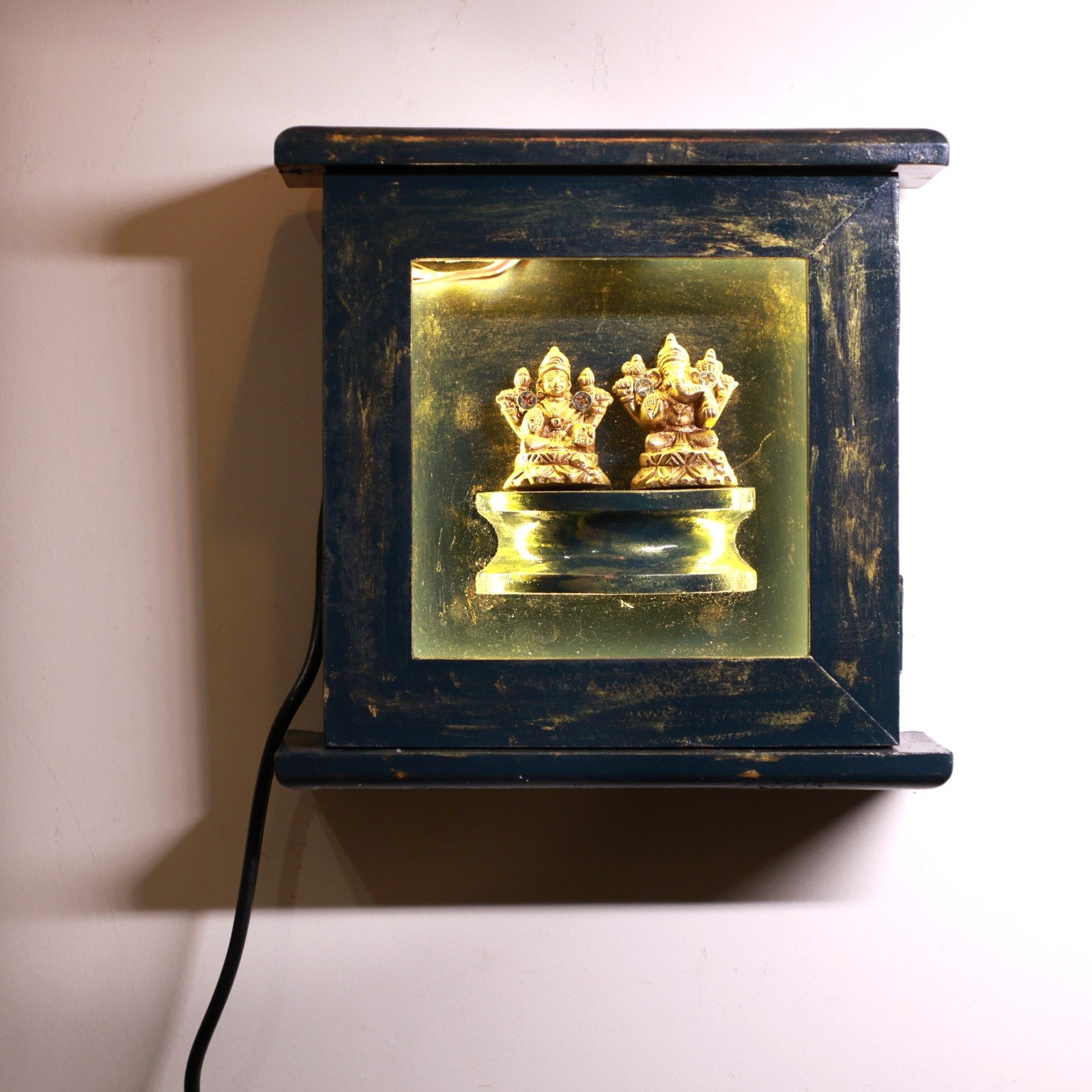 Handcrafted Wooden Light Box with Brass Lakshmi Ganesha - Image 2