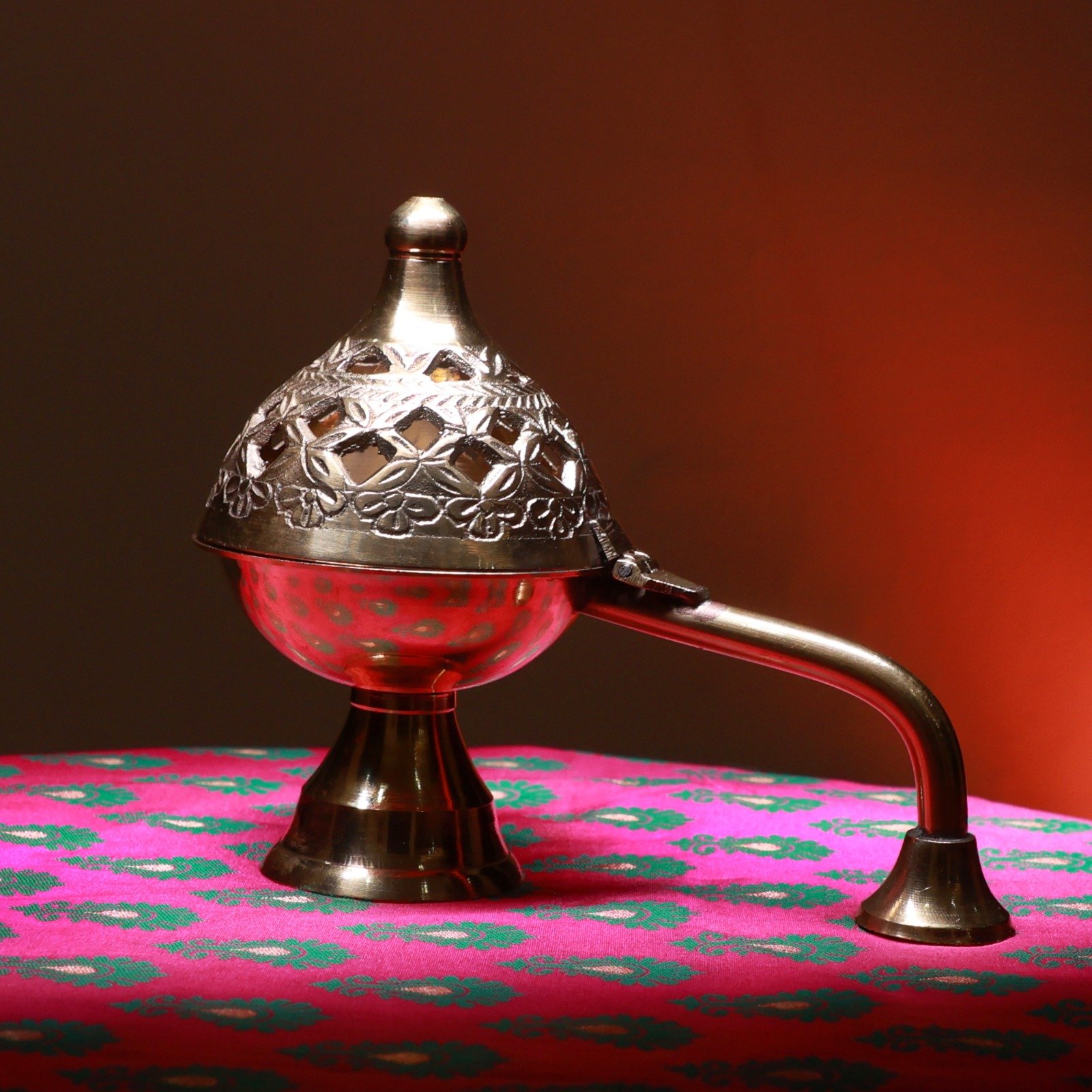 Handcrafted Brass Incense Burner with Long Handle and Lid