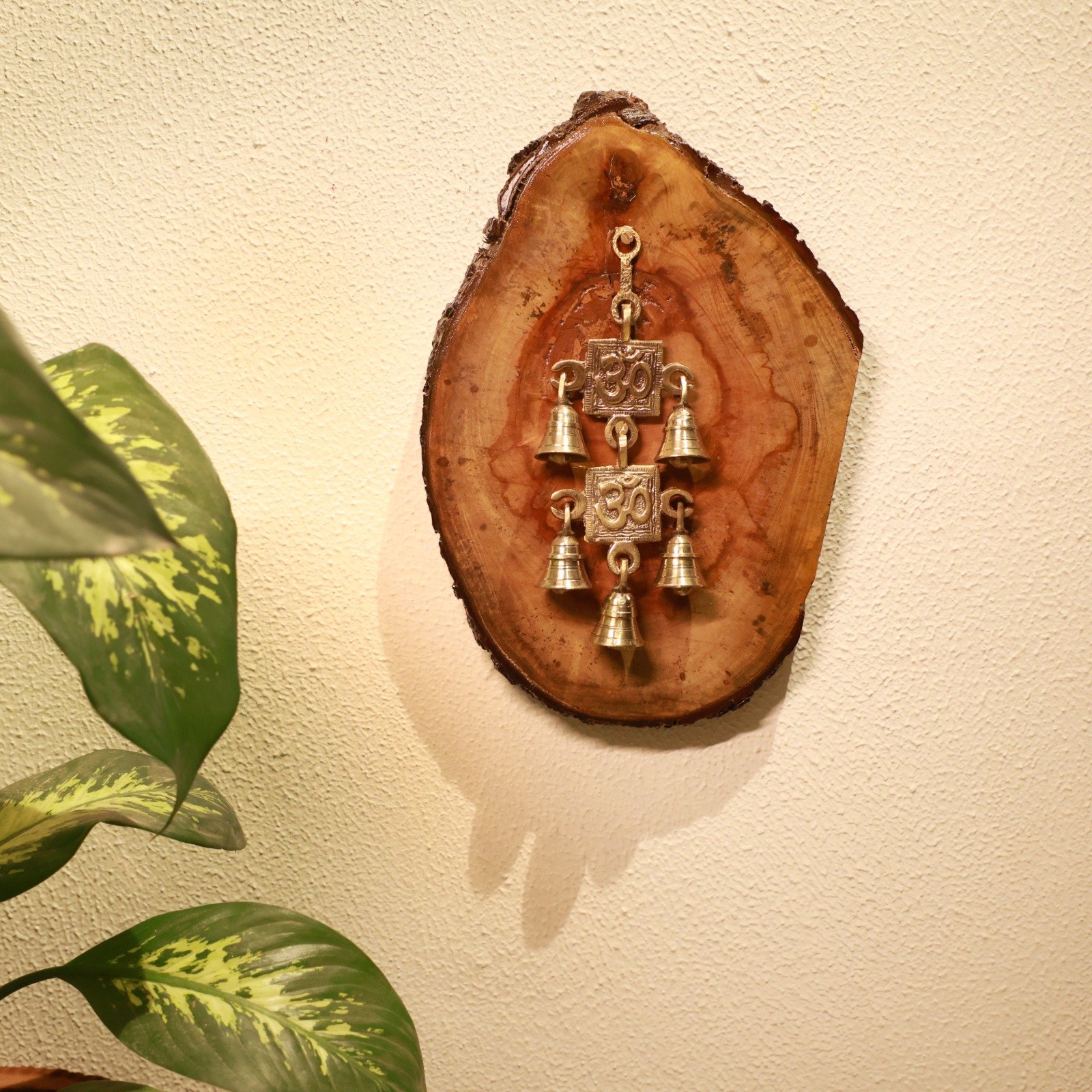 Handcrafted Wooden Wall Hanging with Brass Om Bells