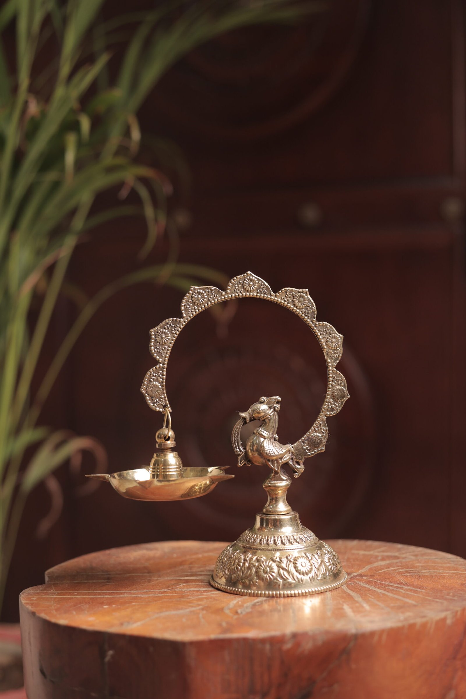 Round Hanging Diya in Brass with Carving