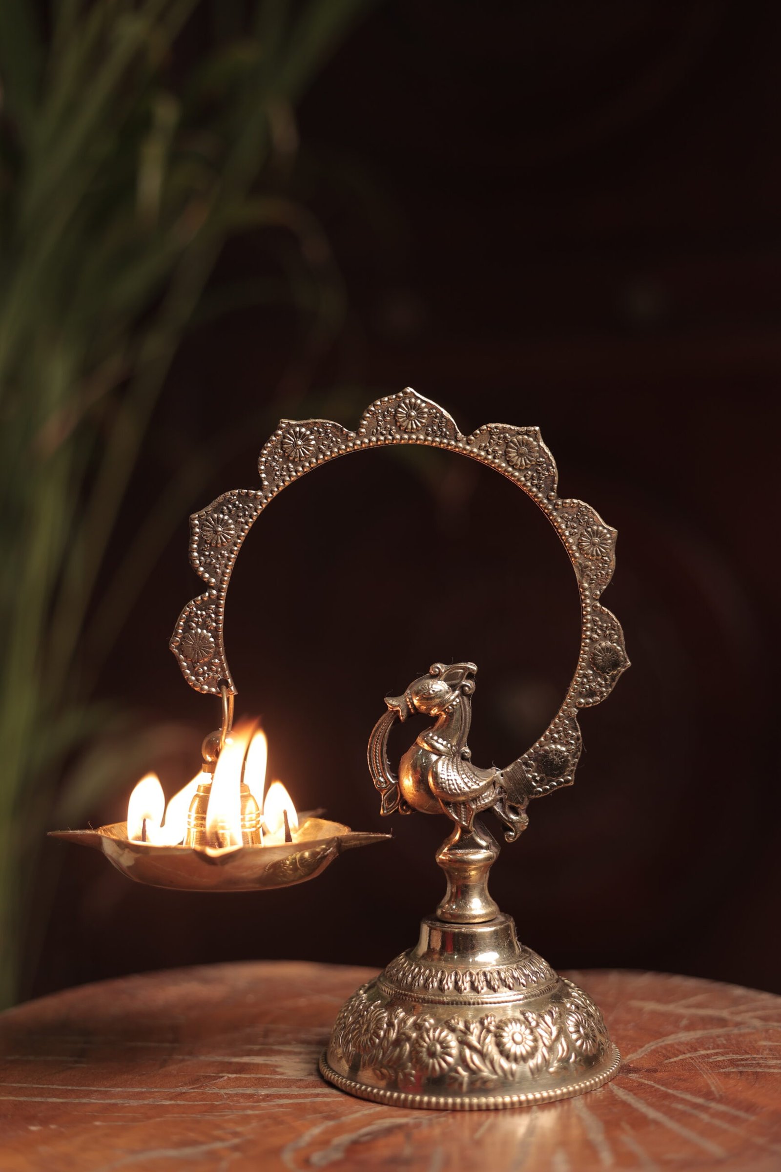 Round Hanging Diya in Brass with Carving - Image 3
