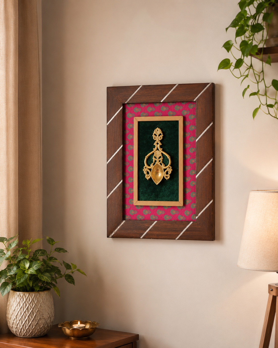 Spoon Shaped Diya In Pink and Green backdrop