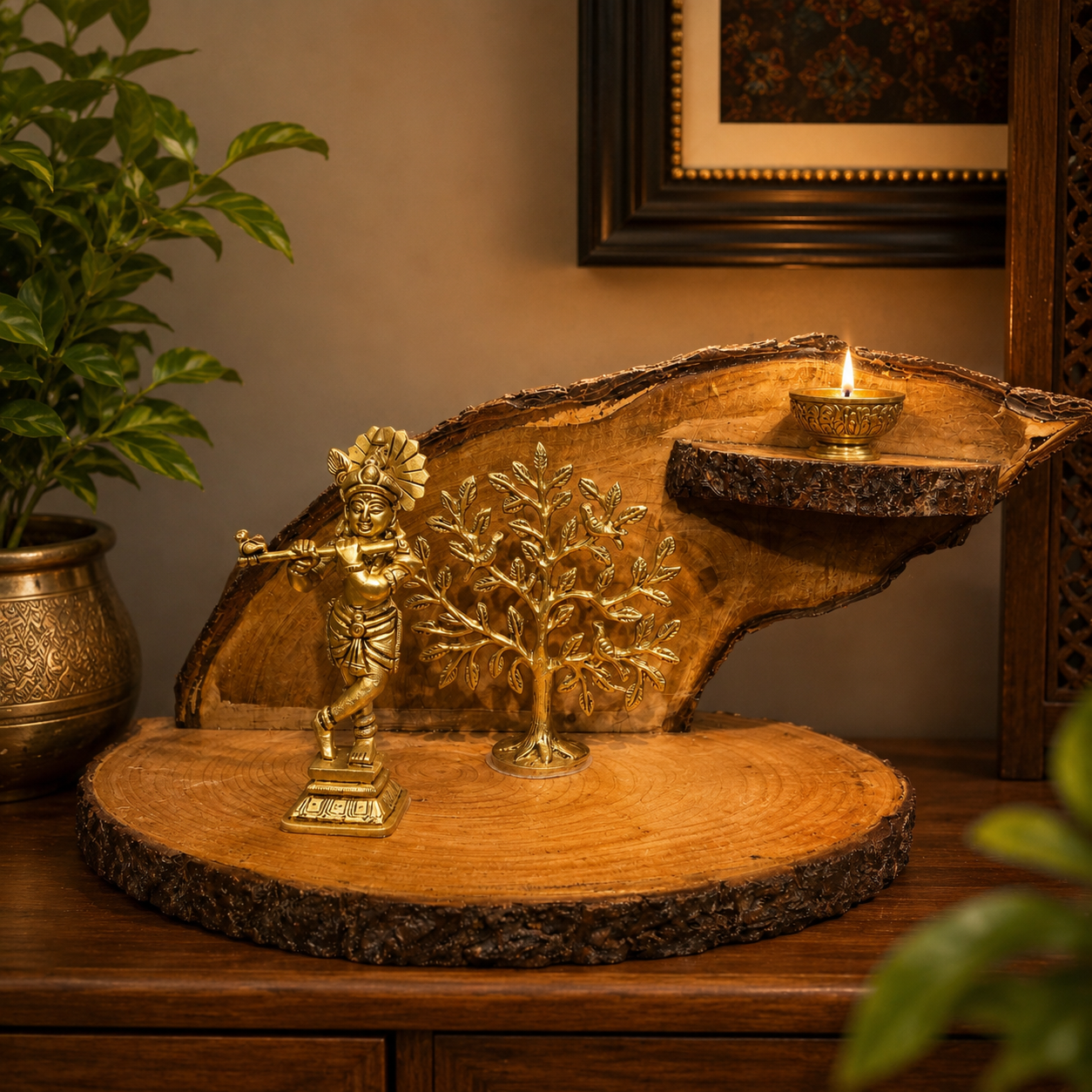 Lord Krishna Playing Flute Along The Tree